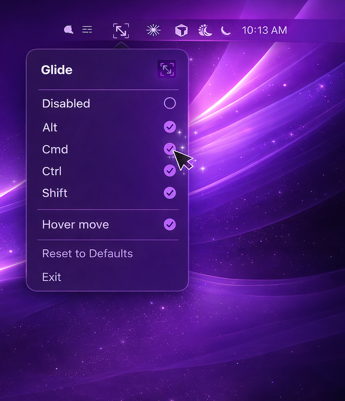 Glide assistive settings in the menu bar
